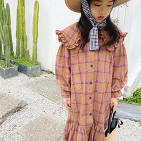 2020 spring and autumn childrens new gingham cotton dress fashionable ruffle collar design single breasted long sleeve dress