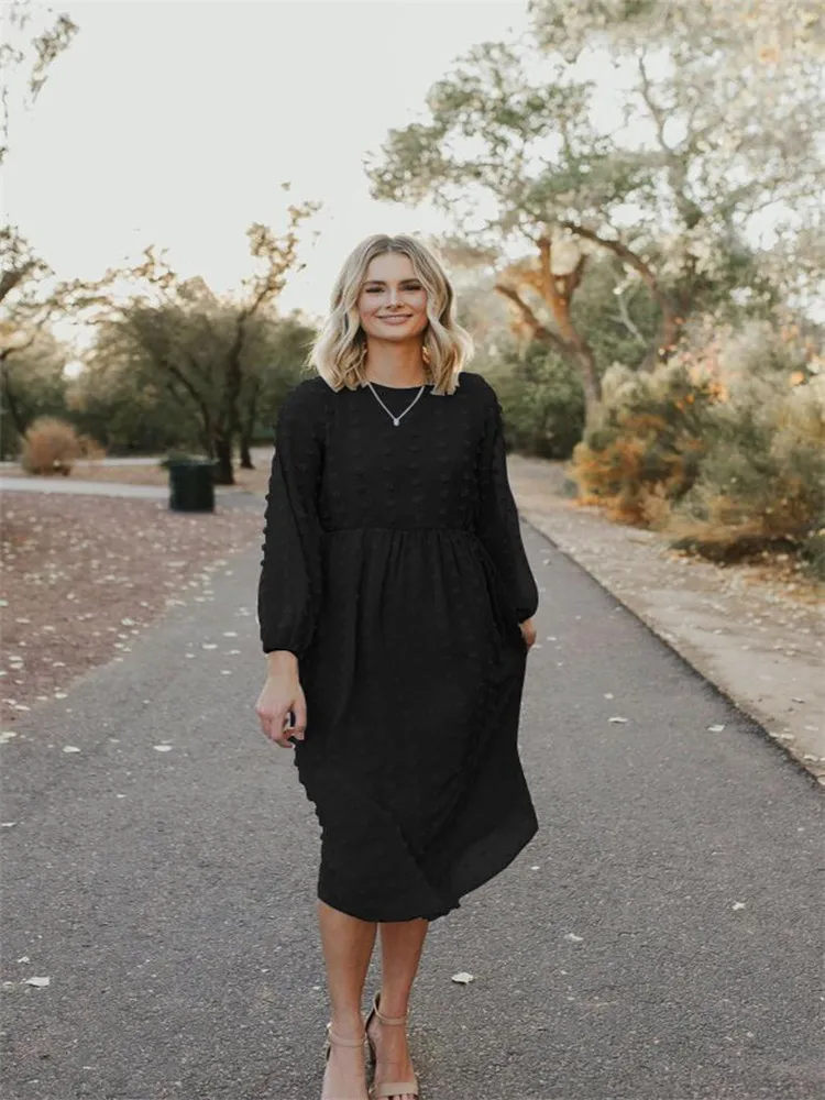 

New Spring Autumn 2021 Long-Sleeved Jacquard Fur Ball Dress Office Lady Pure Color Pullover Maxi Dresses For Women Robe Femme