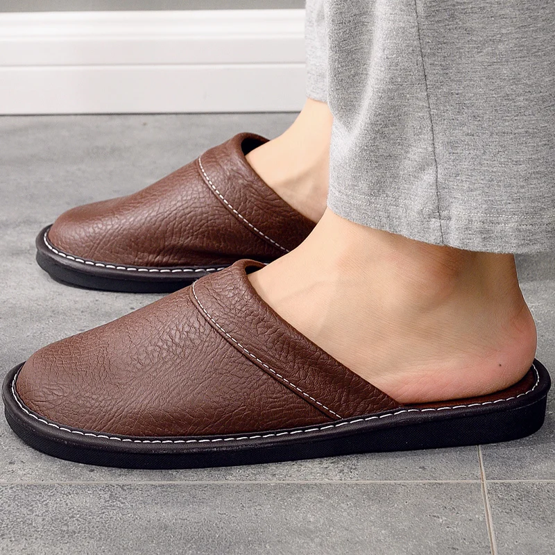 Black Leather Slippers Men Indoor Shoes Plus Size 47 48 Unisex Precision Stitching Fashion Shoes Male Slippers Bedroom Slides