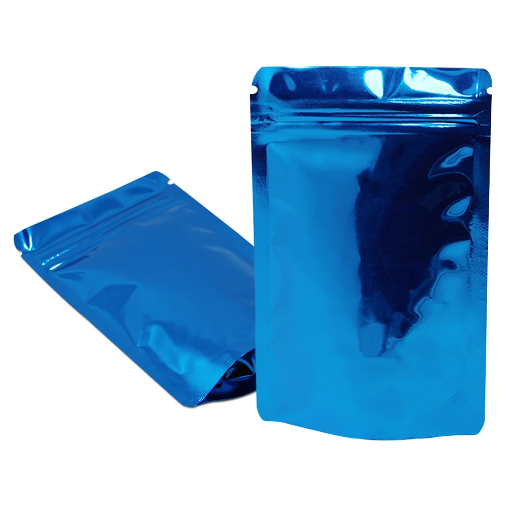 

1000Pcs Blue Stand Up Glossy Aluminum Foil Pouches Zipper Heat Sealable Package Bag Zipper Reusable Cereals Food Storage Bag