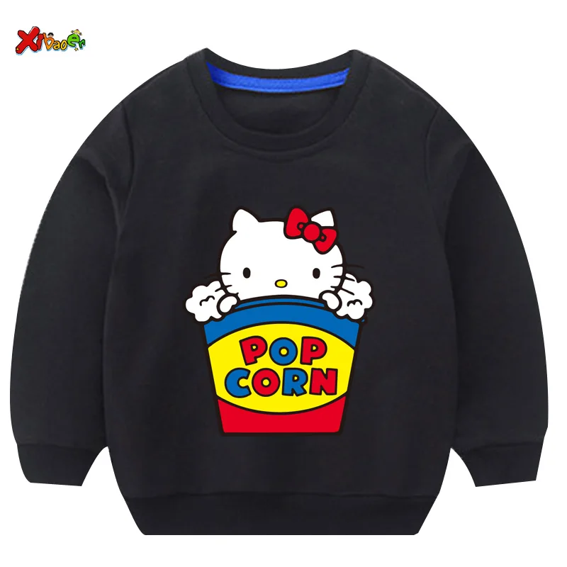 Свитшоты для маленьких девочек Футболка hello kitty г. Осенние толстовки для малышей, пуловер с длинными рукавами Модная одежда с героями мультфильмов красный, белый - Цвет: sweatshirt black