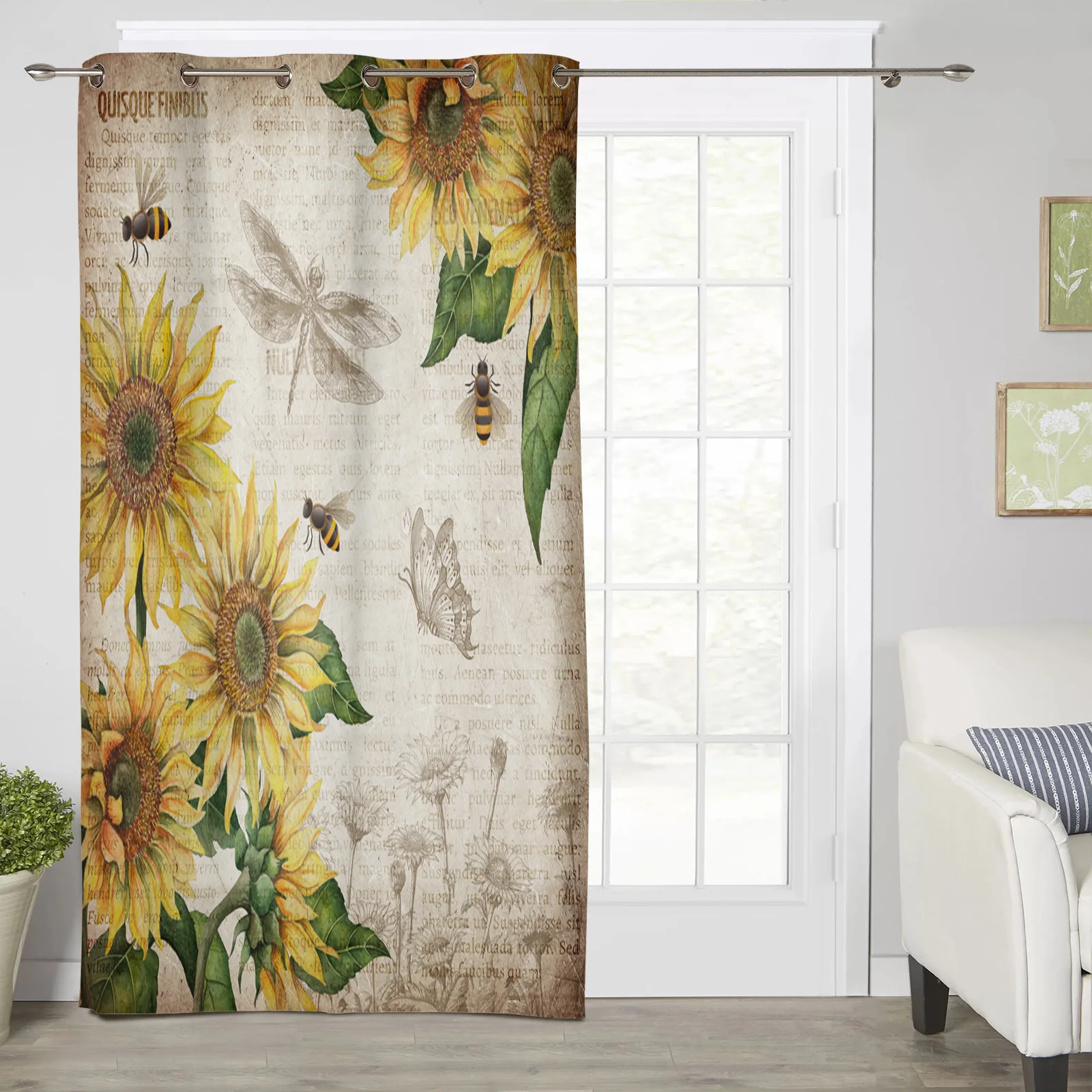 Винтажные старые газеты Подсолнухи стрекоза бабочки оконные шторы для гостиной