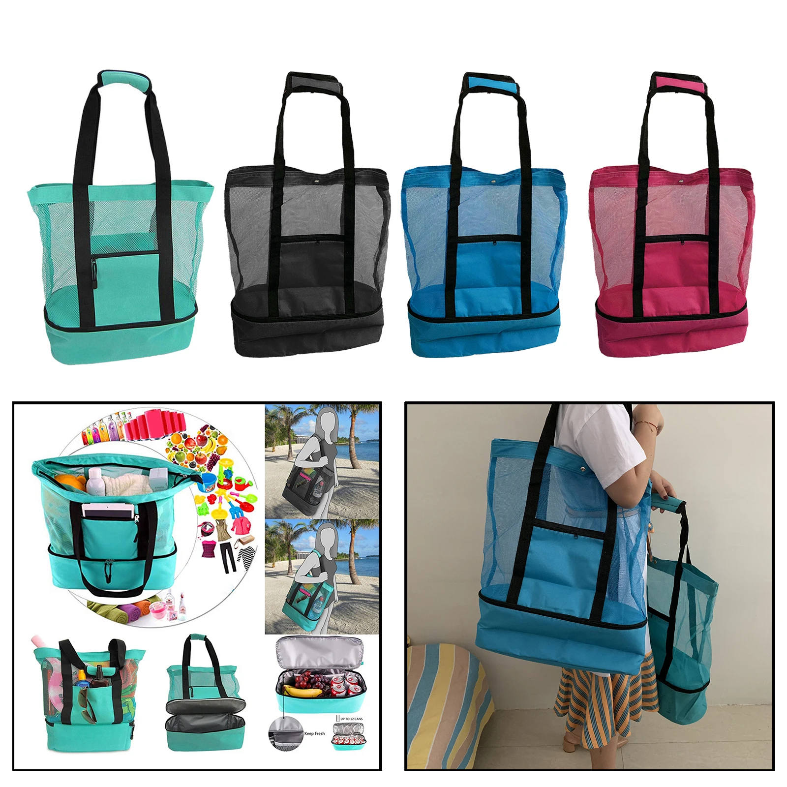 

Mesh Beach Tote Bag Zipper Insulated Cooler Bag, Oversized Pockets Grocery Picnic Travel Pool Beach Bag Pouch for Women and Men