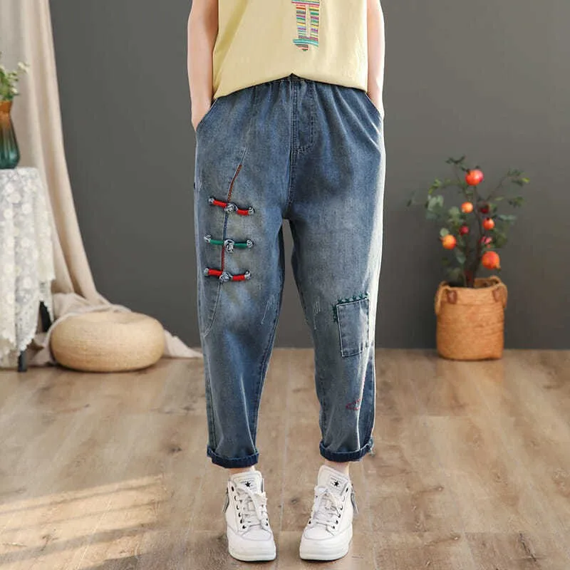 

Spring Arts Style Women Elastic Waist Vintage Button Design Loose Blue Jeans Patchwork Embroidery Cotton Denim Harem Pants V239