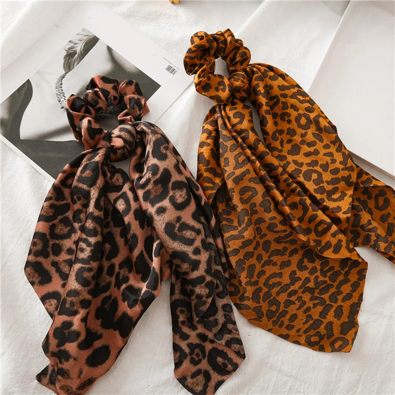 

Fashion Leopard Print Knotted Scrunchies DIY Ponytail Ribbon Hair Scarf Women Girls Elastic Bow Hair Ropes 2021 Hair Accessories