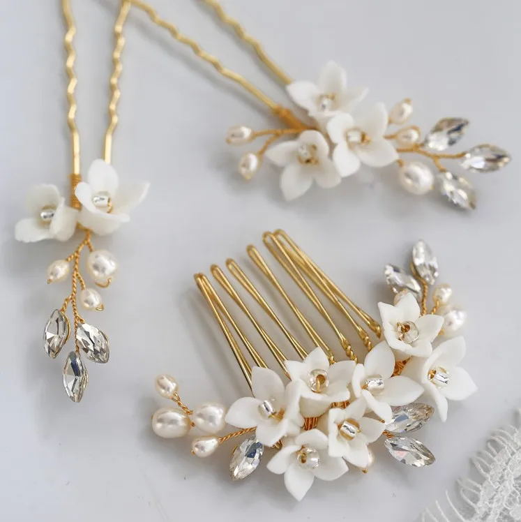 White Porcelain Flower Bridal Small Comb Hair Pins Pearls Wedding Jewelry Women Prom Hair Piece Ornament
