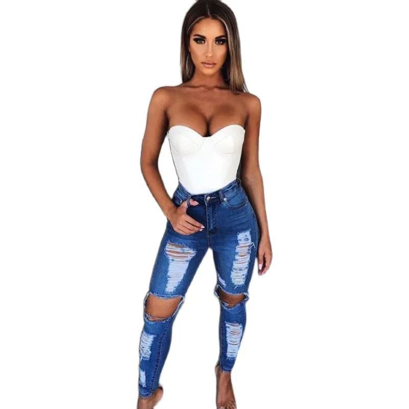 

2021 women denim pants skinny high waisted blue denim ripped skinny boyfriend slim jeans women