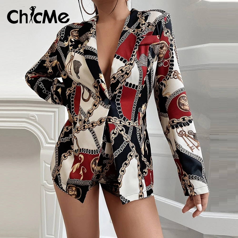 

Chicme 2 Piece Sets Womens Outfits Scarf Chain Lapel Collar Single Button Tailored Blazer & Shorts Sets Two Piece Set Women