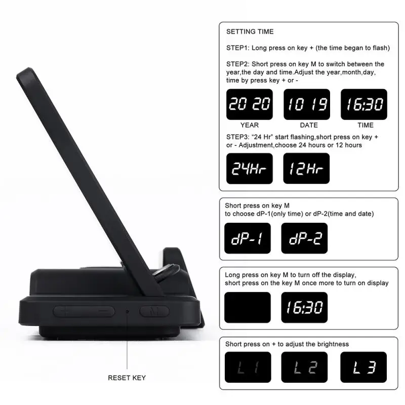 

5 in 1 Digital Display Clock wireless Chargers Station Multi-function Charger fast quick charging Stand for iphone Samsung 2020