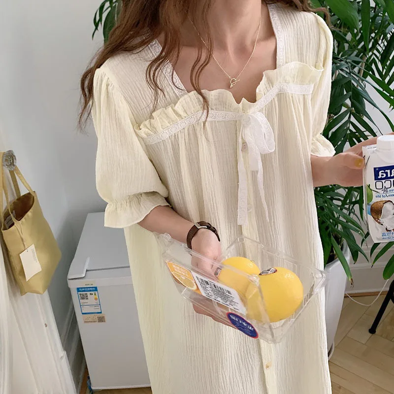2021 Summer New Korean Home Wear Pure Cotton Lace Nightdress Decoration Bow Dress Women's Nightgown Lady Nightwear Sleepwear