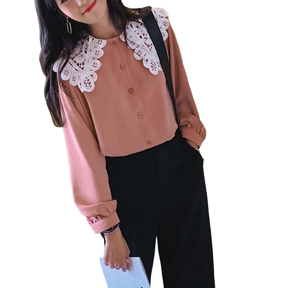 

Women Solid Color Shirt Ladies Long Sleeve Shirt Women Doll Collar Shirt Women\u2019s Button down Blouses Tops