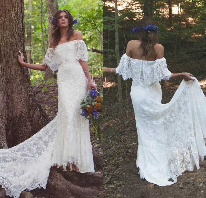 

2020 Boho Wedding Dress Short Sleeves Bateau Neck Vestidos De Fiesta Zipper Back Long Sweep Lace Bride Country Wedding Gowns