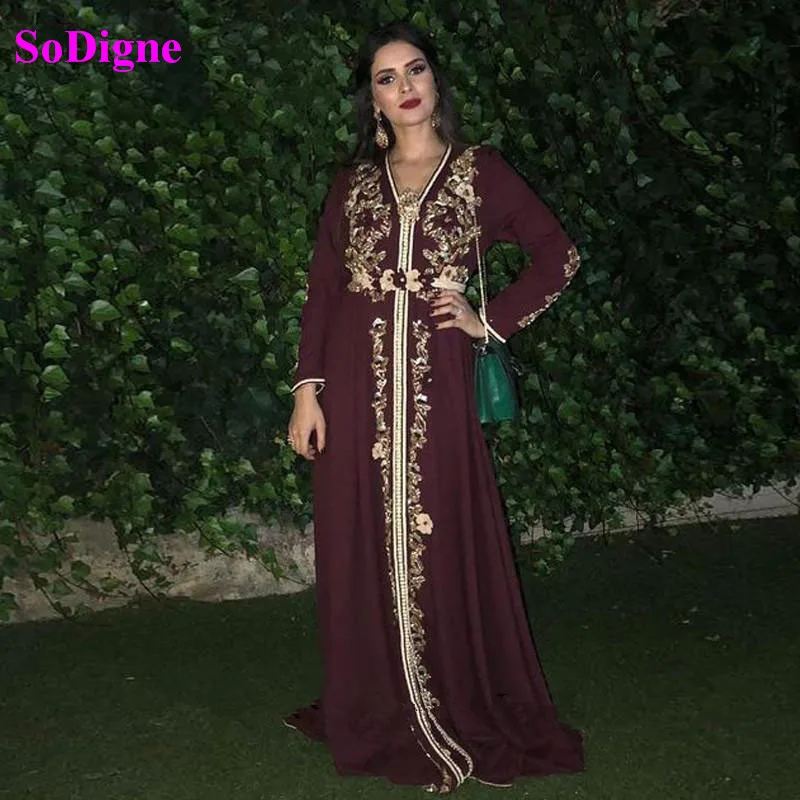 

SoDigne Moroccan Kaftan Evening Dresses V Neck Long Sleeves Lace Appliques Prom Gown Arabic Muslim Special Occasion dress