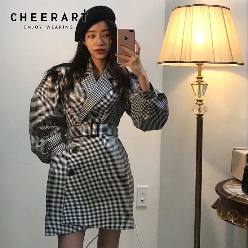 CHEERART зимнее шерстяное пальто в клетку женское твидовое винтажная туника ломаную