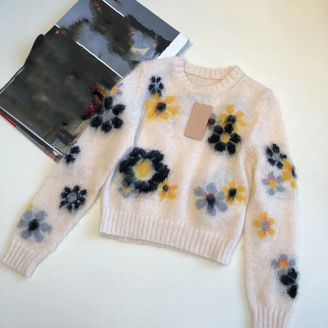 

Boutique Sweaters Women 's Clothing 2021 Spring and Autumn New Pastoral Style Flower Color Matching Short Long Sleeve Knitted