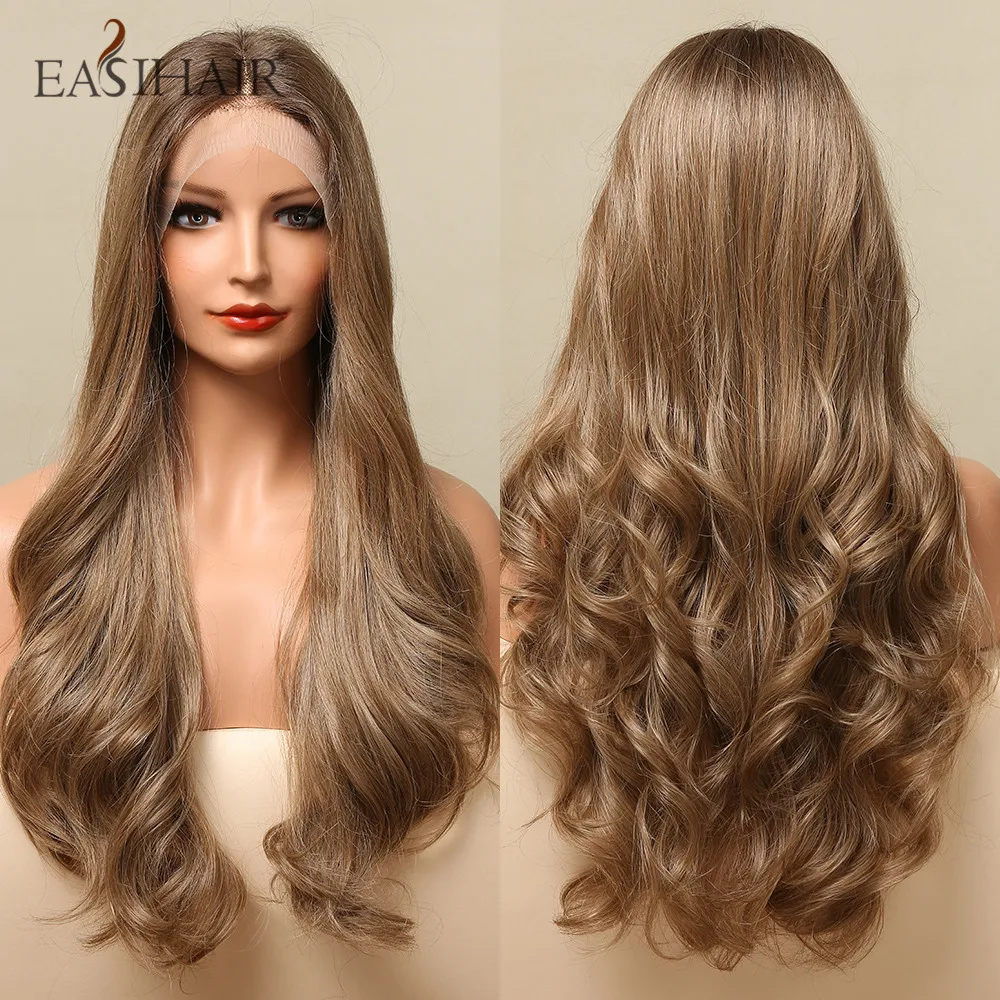 

EASIHAIR Long Brown Wavy Lace Front Wig for Women Natural Hair Lace Frontal Synthetic Wigs High Density Cosplay Heat Resistant