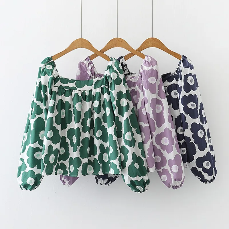 

Spring/Autumn Vintage Floral Square Collar Puff Sleeve Casual Long Sleeve Shirts Women's Blouses New Female Short Tops Shirt