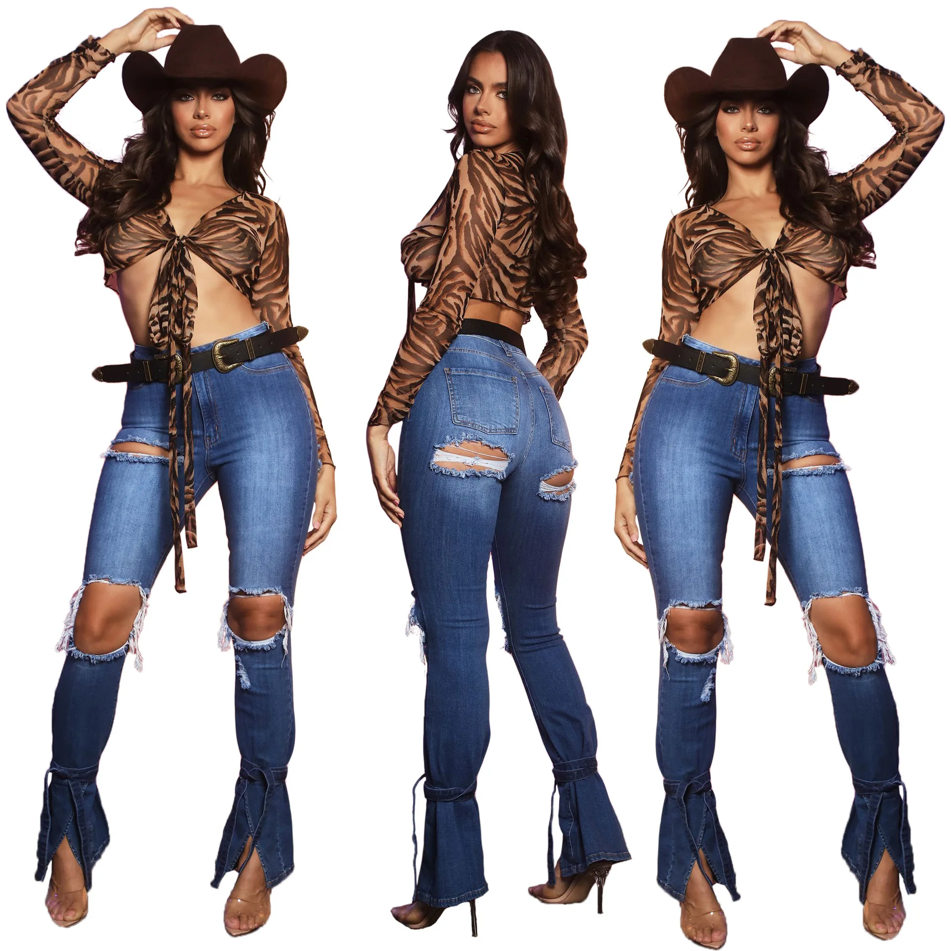 

Fashion Denim Slim-Fit Micro-Flare Jeans With White Spray And Ripped Holes