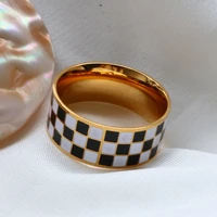 black white checkered enamel ring 8mm wide minimalist ring for women trendy jewelry gift wholesale