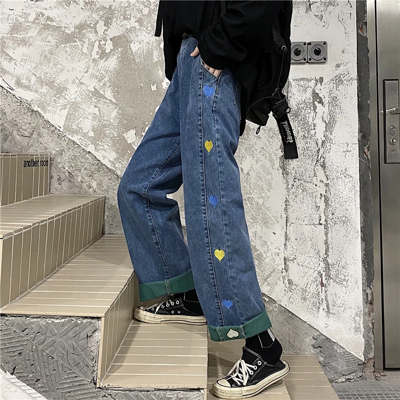 

#1559 Long Denim Cotton Jeans Women Love Embroidery High Waisted Wide Leg Jeans Korean Style Vintage Straight Jeans Femme Loose