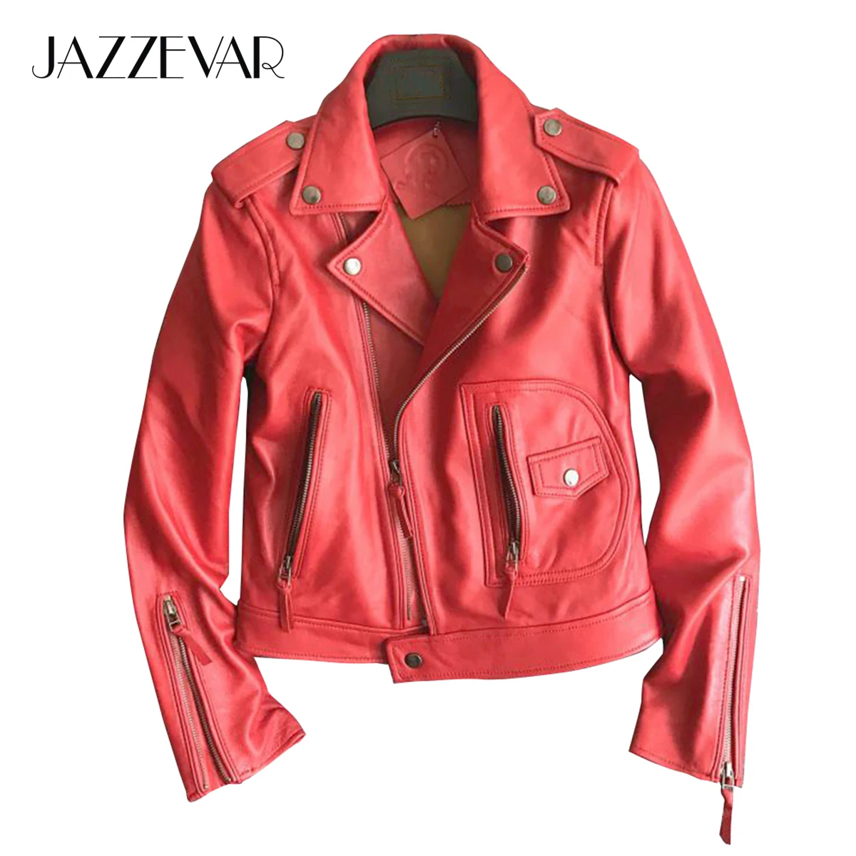 JAZZEVAR 2023 New High Fashion Street Women Real Sheep Skin Leather Jacket Red Genuine Leather short Slim fit Motorcycle Jackets