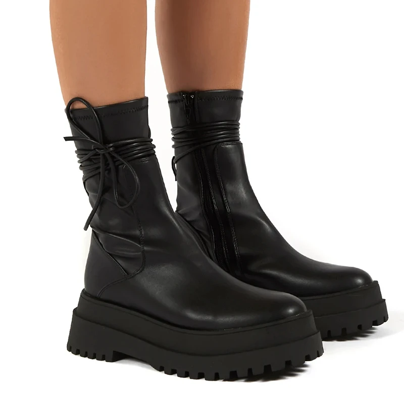 

New Boots Women Platform Warm Shoes Winter Fashion Cool Punk Mid-Calf Boots Zipper Leather Boots Women Botas Mujer 2022