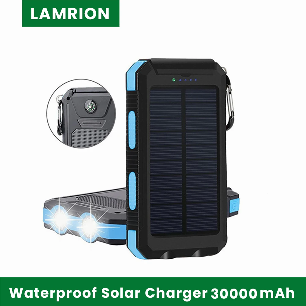 Солнечный Зарядное устройство 30000mAh Солнечное Мощность банк Водонепроницаемый