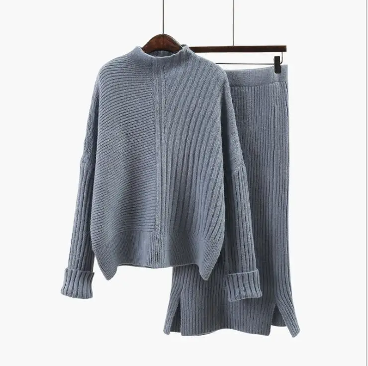 

2020 Women Wool Knitted suit soft warm Spring autumn Suit Female pullover sweater & Skirt 2 piece set Beige, Blue, Khaki warm