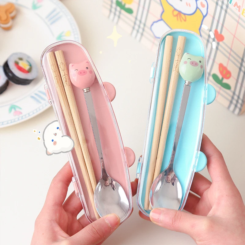 

Outdoor Portable Wooden Chopsticks Stainless Steel Spoon Tableware Two-piece Cute Portable Student Take-out Storage Tableware