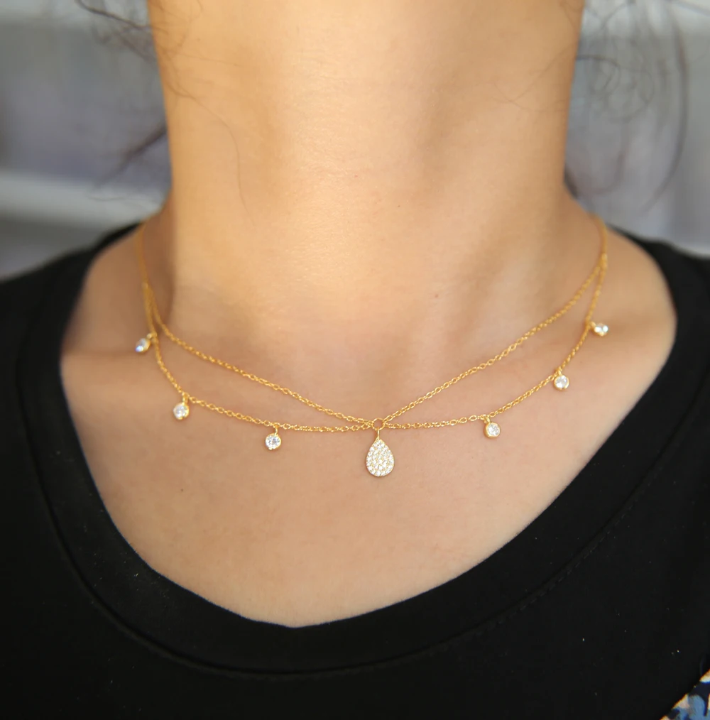 Серебряное Двухслойное колье с подвеской cz элегантное чокер в виде слезы для