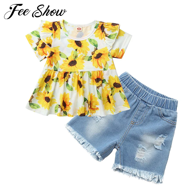 

2021 Baby Girl Summer Clothing 2 Pcs Outfit Clothes Cute Baby Ruffles Sunflower Top Denim Jeans Hole Shorts Set Casual Suit