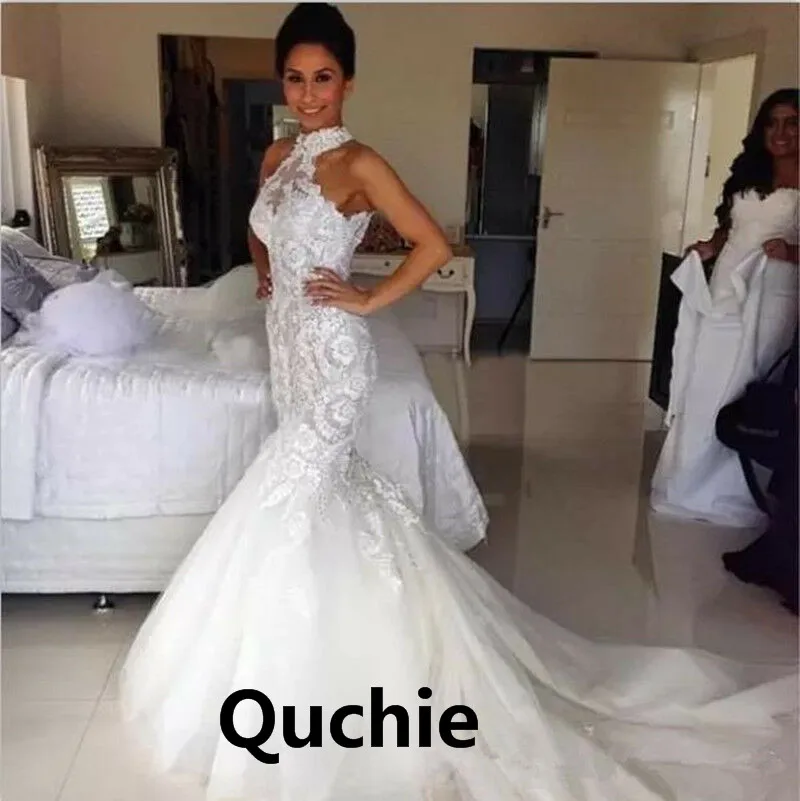 

Mermaid Wedding Dress High neck Appliques Tulle Backless Bodice Dubai Arabic Abiti Da Sposa Bridal Dress Formal Vestido de Noiva