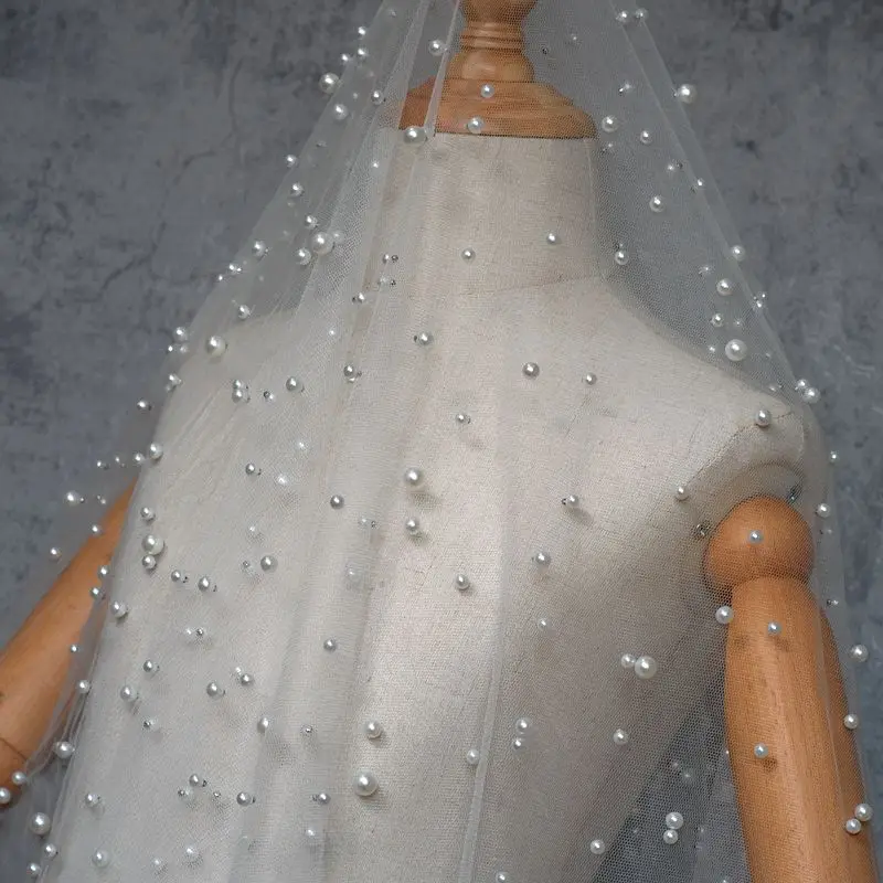 

150CM width pearl mesh lace fabric DIY wedding dress veil table cloth curtain decorative cloth