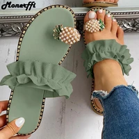 green bohemian sandals women girls pearl flat casual shoes female summer slip on boho beach sandals for ladies roman shoes 2020