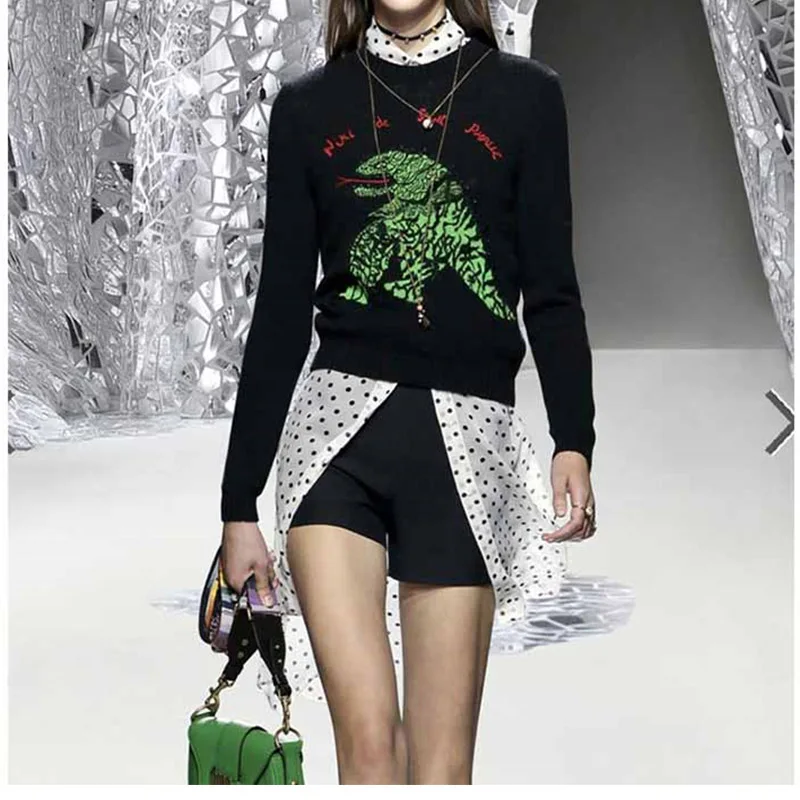 

Embroidery Cashmere Women 2021 Fall Winter Long Sleeve Pullover Dinosaur Runway Fashion Sweater LY273