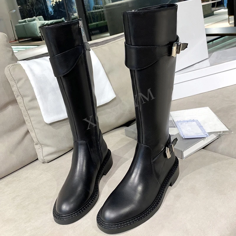 

Luxury Brand Knee-High Boots Women Genuine Leather Belt Buckle Decorate Platform Long Boots Autumn Winter Women Motorcycle Boots