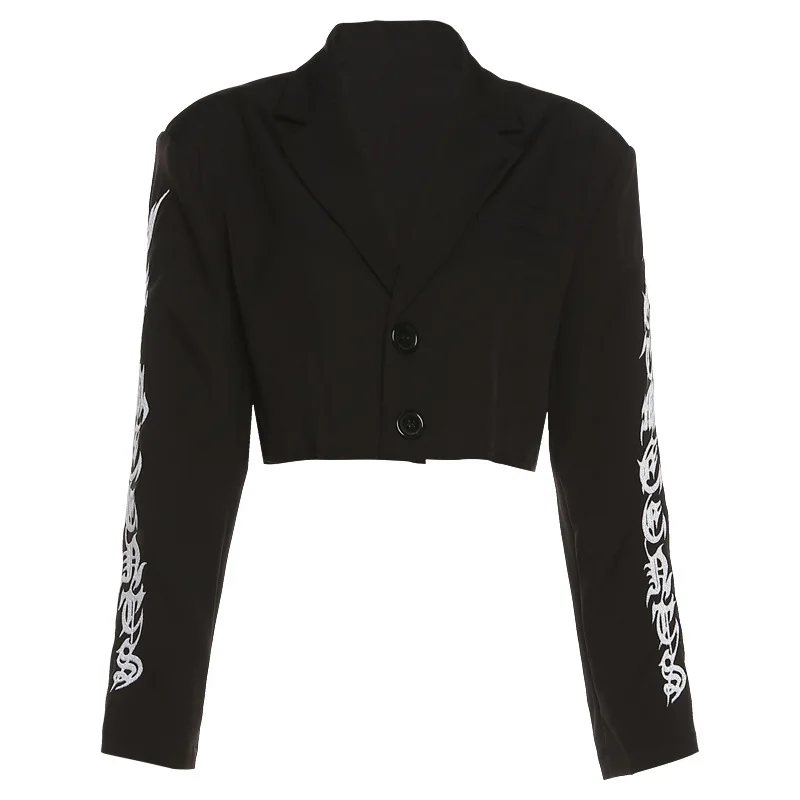 Gothic Reflective Print Crop Blazer Short Suit Jacket Women Blazer Black 2022 Fashion Lapel Solid Jacket Goth Punk Emo Blazers