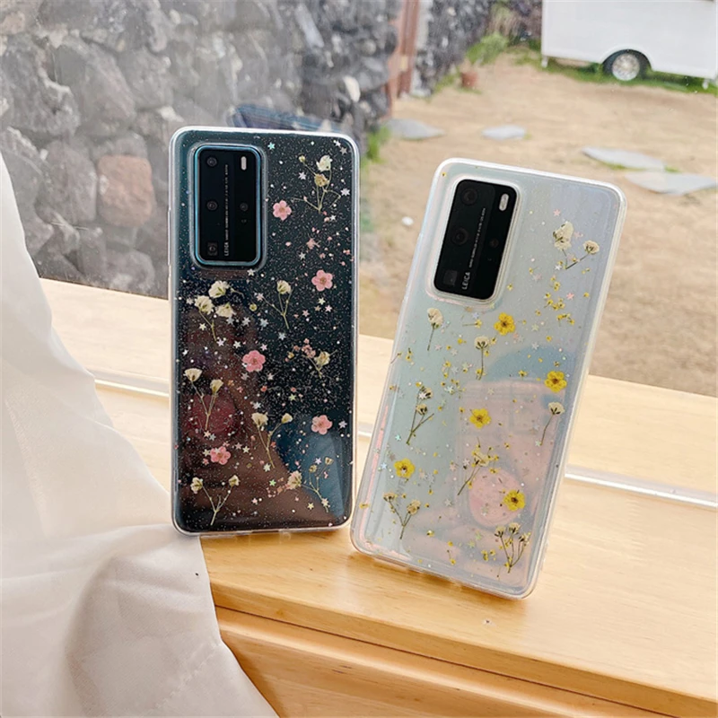 Прозрачный чехол с блестками Real Dry Flower для Samsung Galaxy S20 Ultra S10 Plus A10 A20 A30 A50 A70 A51 A71