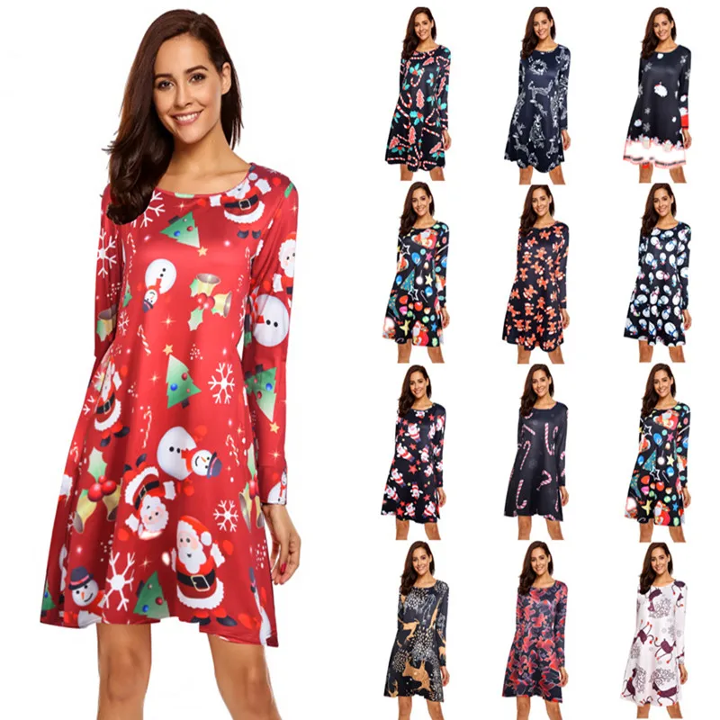 

2020 Autumn O Neck Long Sleeve Print Women's Dress Fashion Christmas Holiday Clothing Ladies Party Mini Dress Vestidos Plus Size