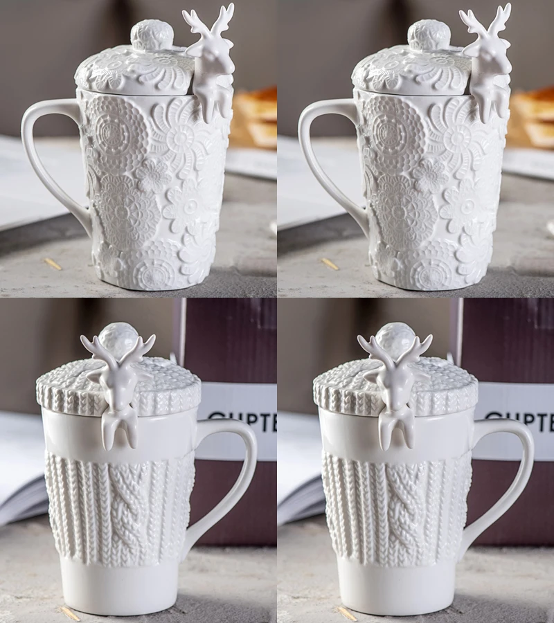 2pcs A and 2pcs B 320 мл, фарфоровая кружка с рисунком оленя с ложкой, Рождественский подарок, винтажные керамические кофейные кружки, милая кружка, подарок для творчества - Цвет: 2pcs A and 2pcs B