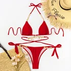 Женский раздельный купальник, однотонное бикини с глубоким V-образным вырезом и трусики на завязках с подвесками, пляжная одежда красногоголубогооранжевого цвета
