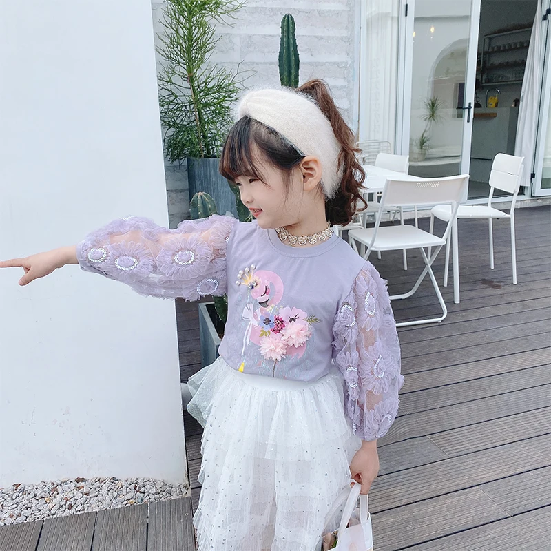 Baby girls 3D Flowers Princess t-shirt 2020 spring autumn new lace print tops shirt children clothes ws1371 | Детская одежда и