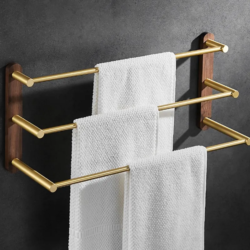 

European-Style Walnut and Brass Towel Rack 3 Layers for Luxury Decoration Solid Wood Storage Rack Gold Towel Bars fy-5621