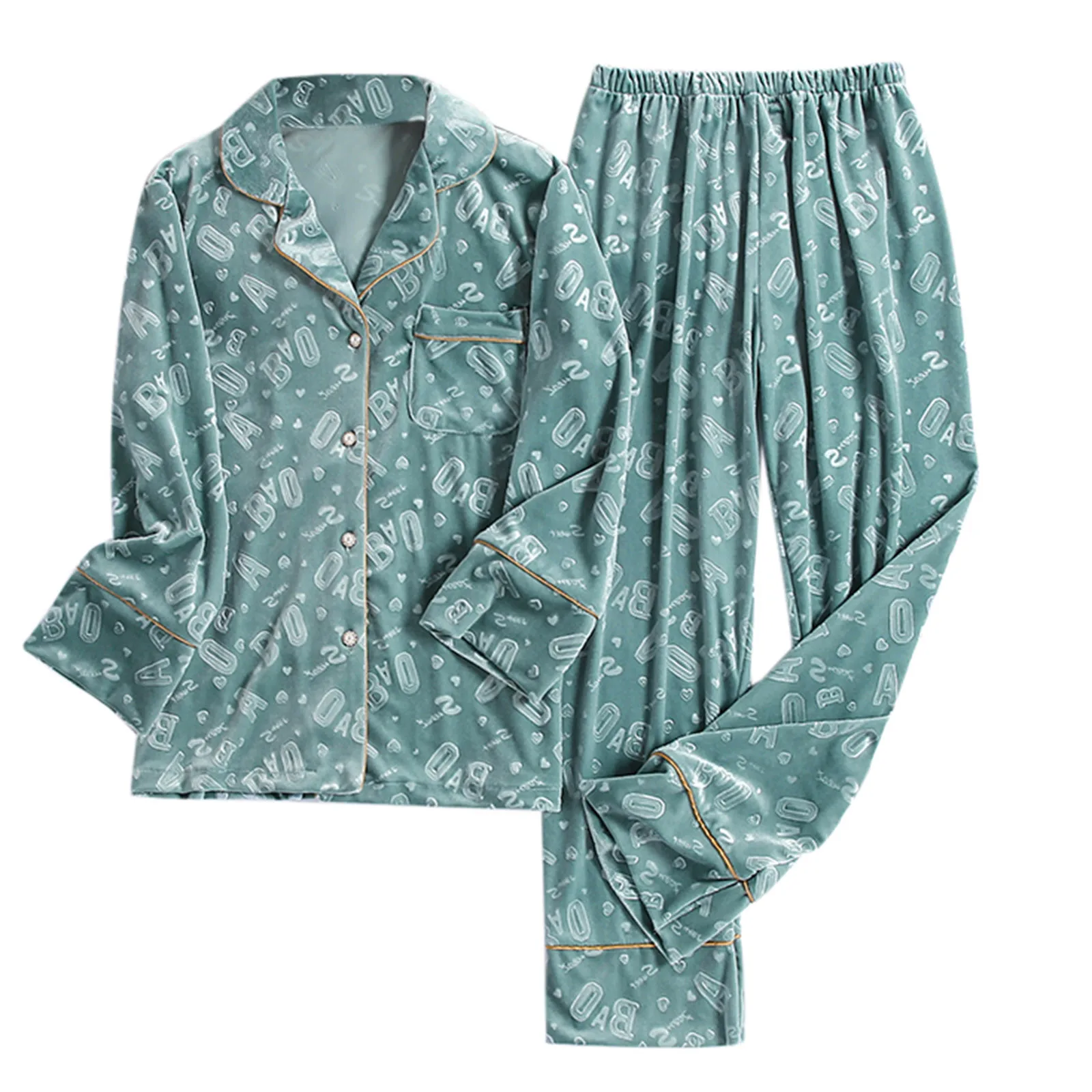 

Ladies lapel gold velvet open button pajamas set home service ladies winter warm velvet long-sleeved shirt trousers pajamas set