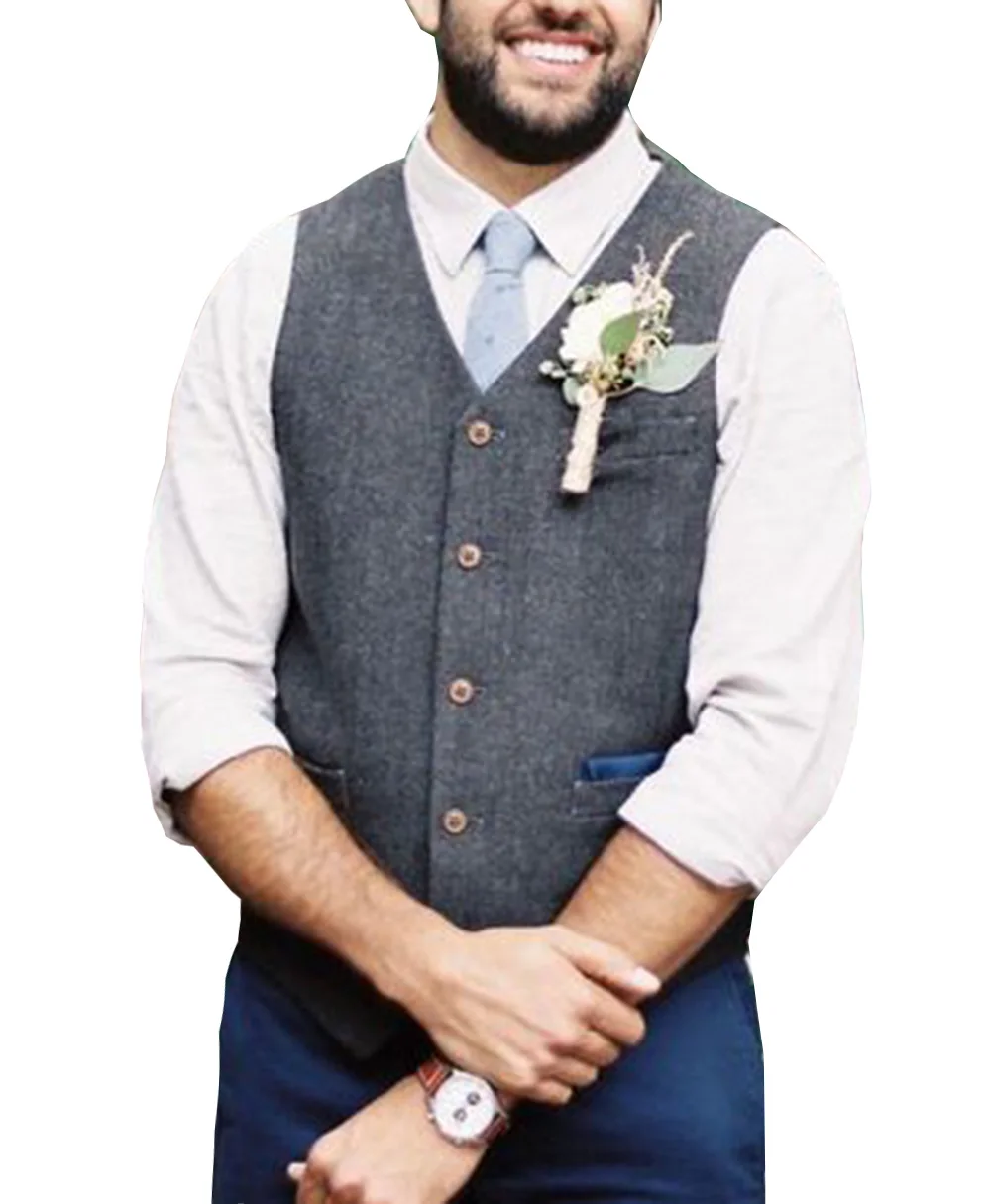 

Mens Suit Vest V Neck Wool Grey Herringbone Single-Breasted Slim Fit Waistcoat For Casual Formal Wedding Groomsman Vest Men