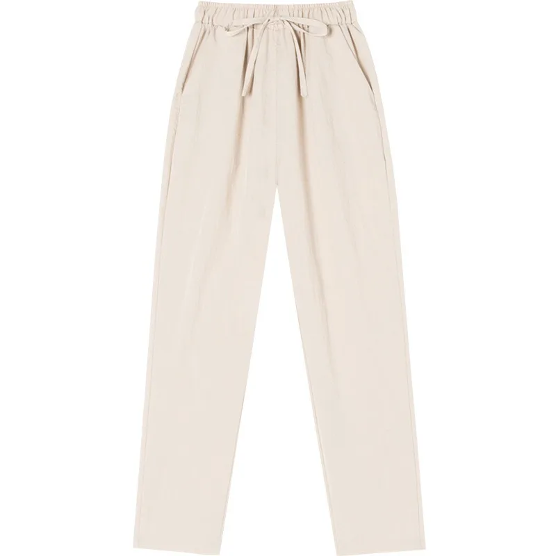 

2021 Spring and Summer Women Cotton Linen Ankle-length Pants Female High Waist Elastic Strawstring Thin Pants Straight Trousers