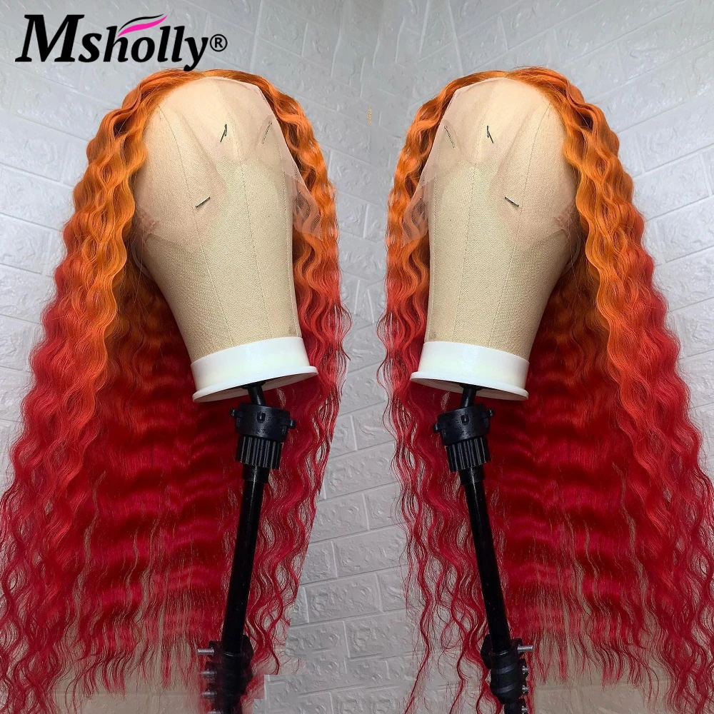 

Парик с эффектом омбре из красных глубоких волн, парик из бразильского имбиря на сетке, парик из прямых человеческих волос, парик из прозрач...