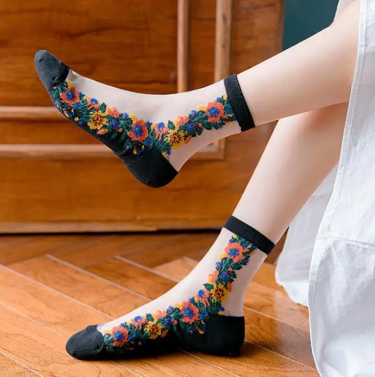 

Rose Women's Short Ladies Sheer Crystal Silk Thin Socks Sexy Flower
