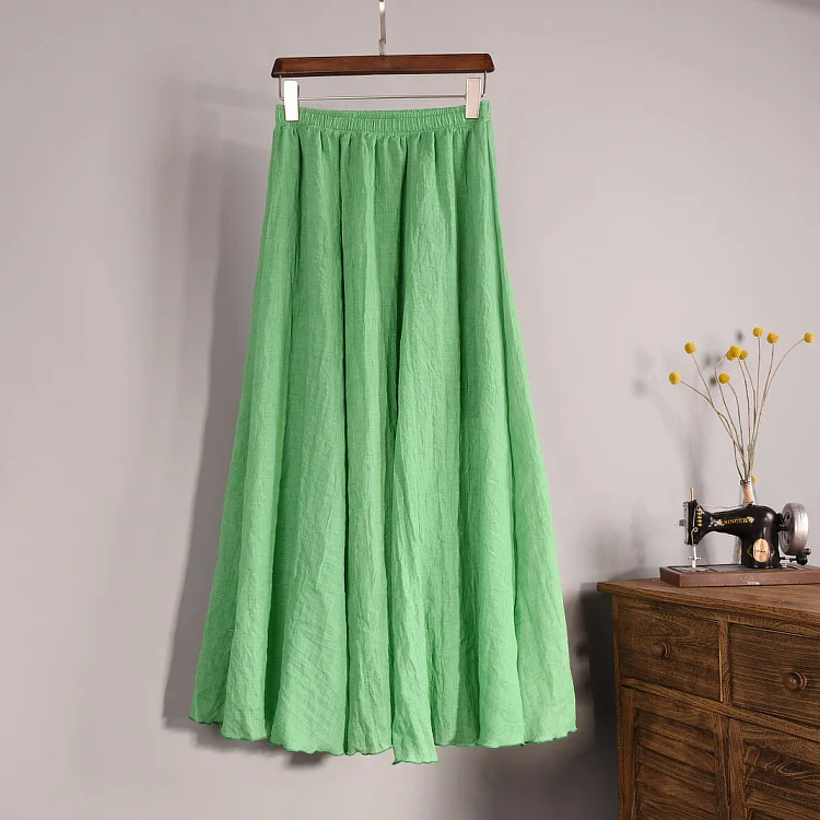 

Women's Elegant 16 Color High Waist Elastic Waist Linen Pleated Long Skirts Ladies Slim Casual Skirt Saias New 2020 Summer SK05