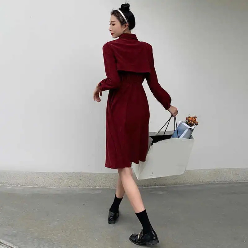 

LANMREM 2021 Autumn Red Turn-down Collar All-match Long-sleeved Flare Waist Single-breasted Dress For Women 2A2226